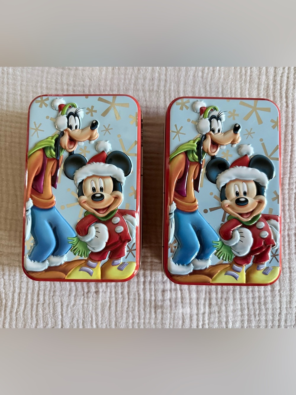 Lot of 2 Disney Christmas Metal Tins Mickey Mouse Goofy 3D Raised Embossed
